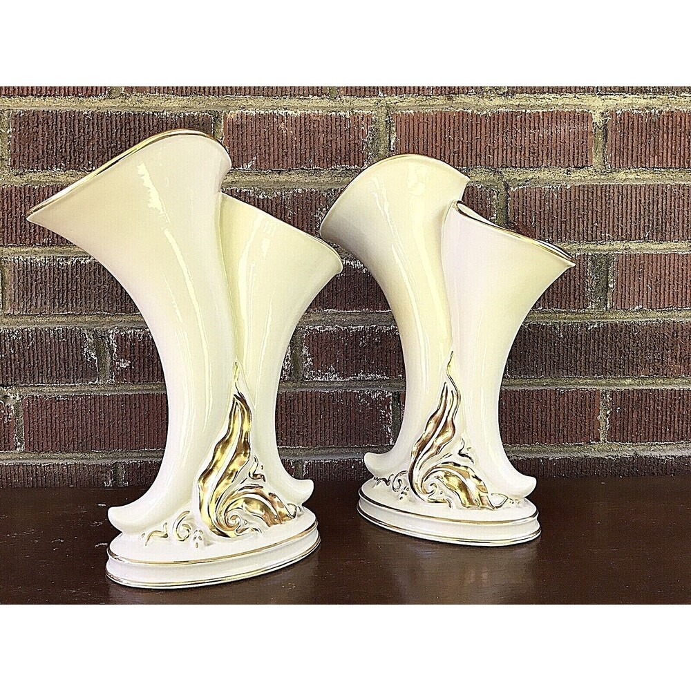 Vintage Double Cornucopia Vase Set Cream Gold Hollywood Regency Hull McCoy Style